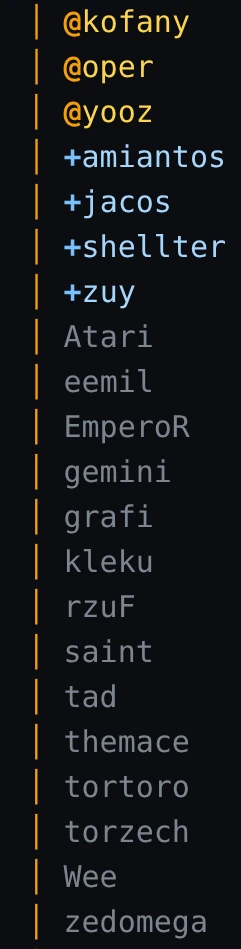 The nick list of #shellter in erssi, by rank: ops kofany, oper and yooz in amber, voiced amiantos, jacos, shellter and zuy in blue, then the rest.