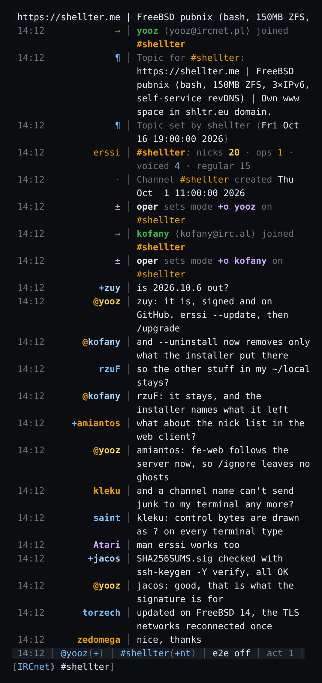 The same #shellter conversation in erssi at 56 columns, without side panels, as on a phone over ssh: every message wraps under the separator.